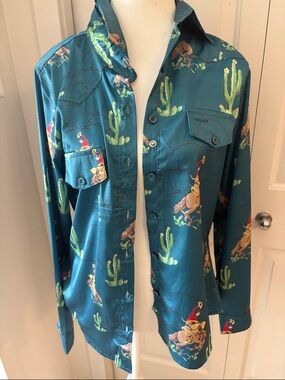 Outback small Teal Satin Cowboy Print Button-Up Shirt